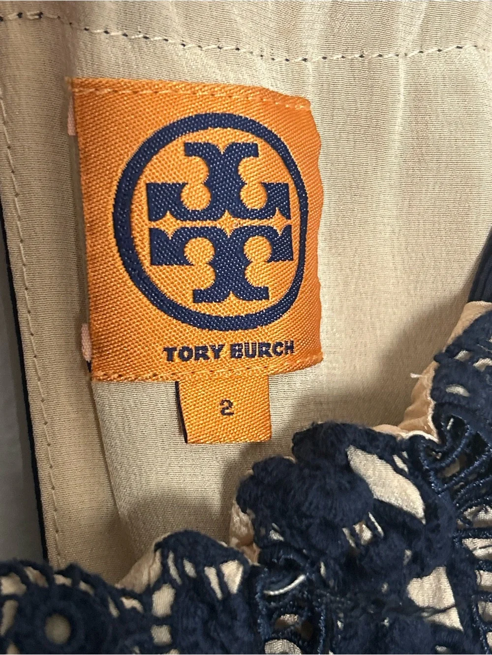 Tory Burch Navy Crochet Lace Halter Dress Size 2 Silk Lined Midi